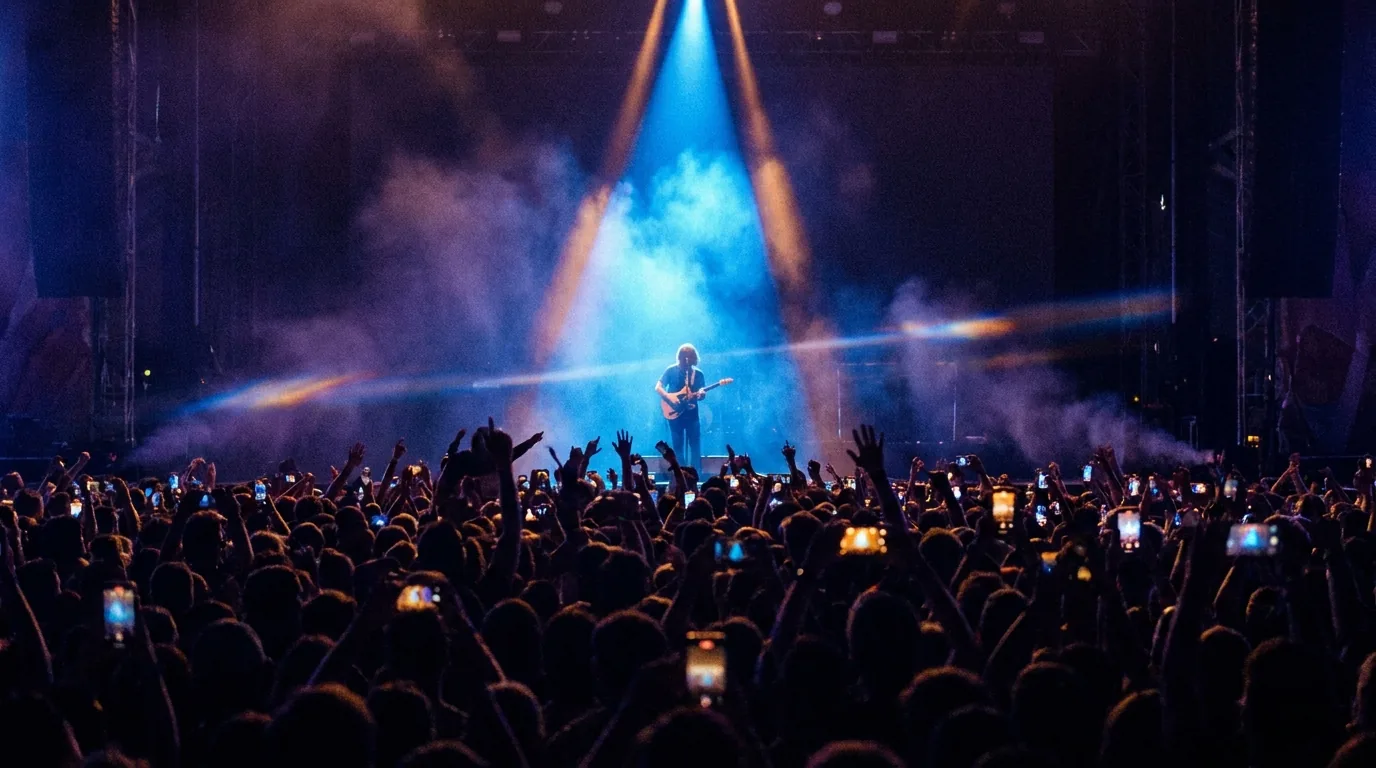 Artist on a stage under electric-blue and warm-amber lights before a crowd of phone-lights